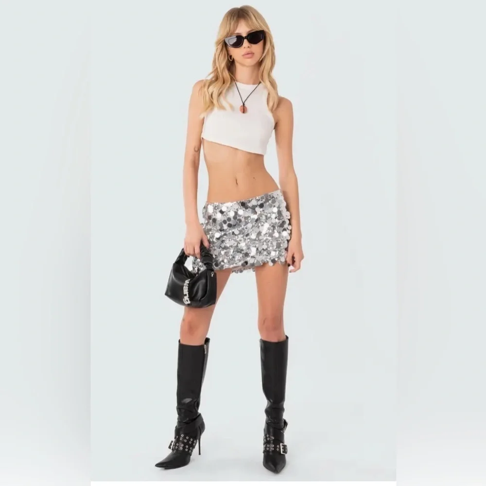 Edikted Sabrina Silver Sparkling Low Rise Mini Skirt NWT- Size Small - Picture 1 of 10